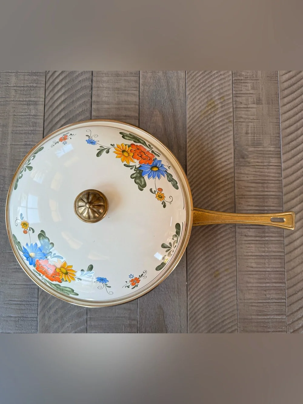 Vintage Villeroy & Boch Floral Farmhouse Enamel Covered Skillet W/Brass Handle